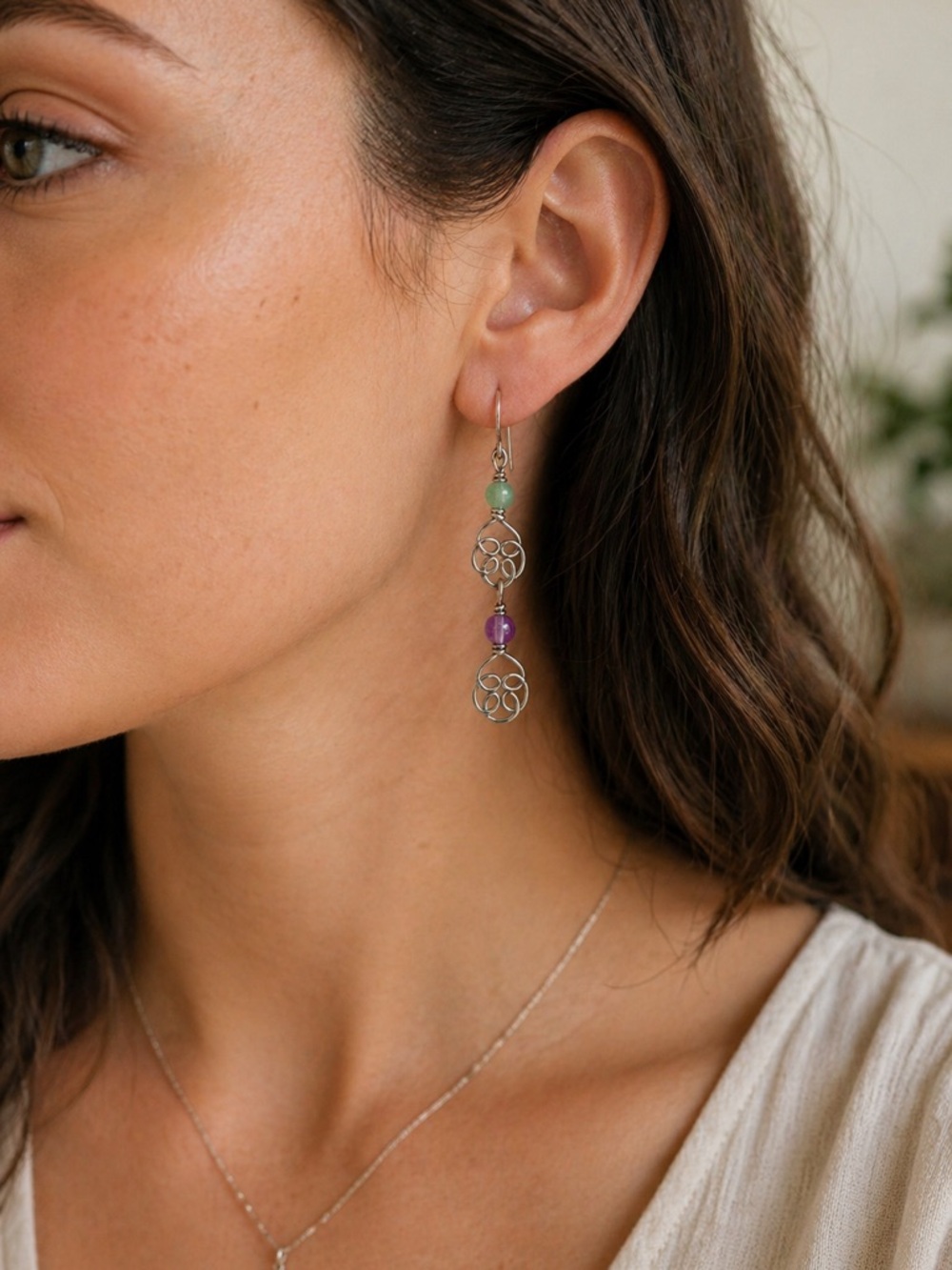 Sterling Silver Celtic Knot Earrings Amethyst Green Aventurine Dangle